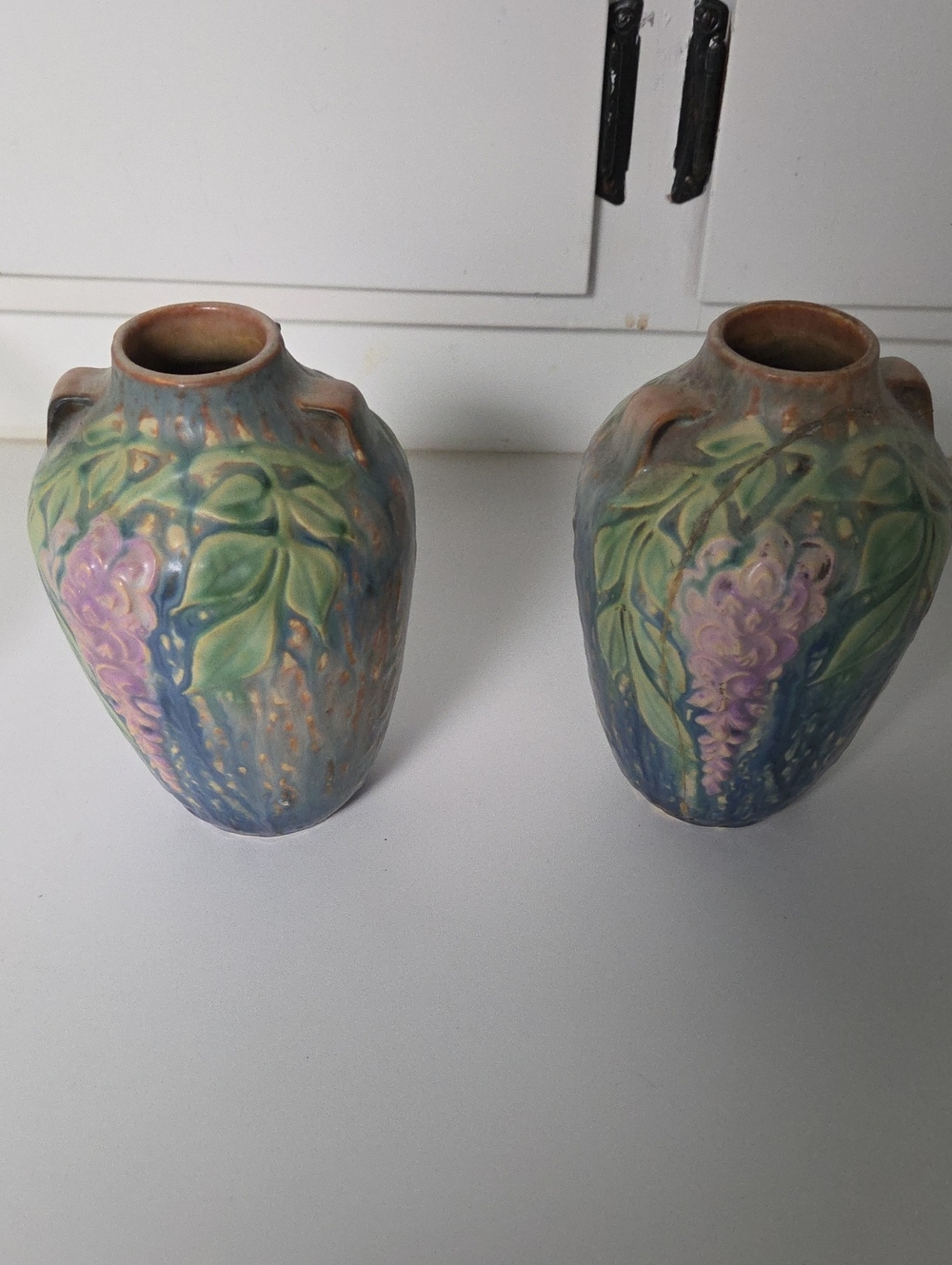 Roseville Pottery Pair of Floral Glazed Ceramic Vases in Blue and Green